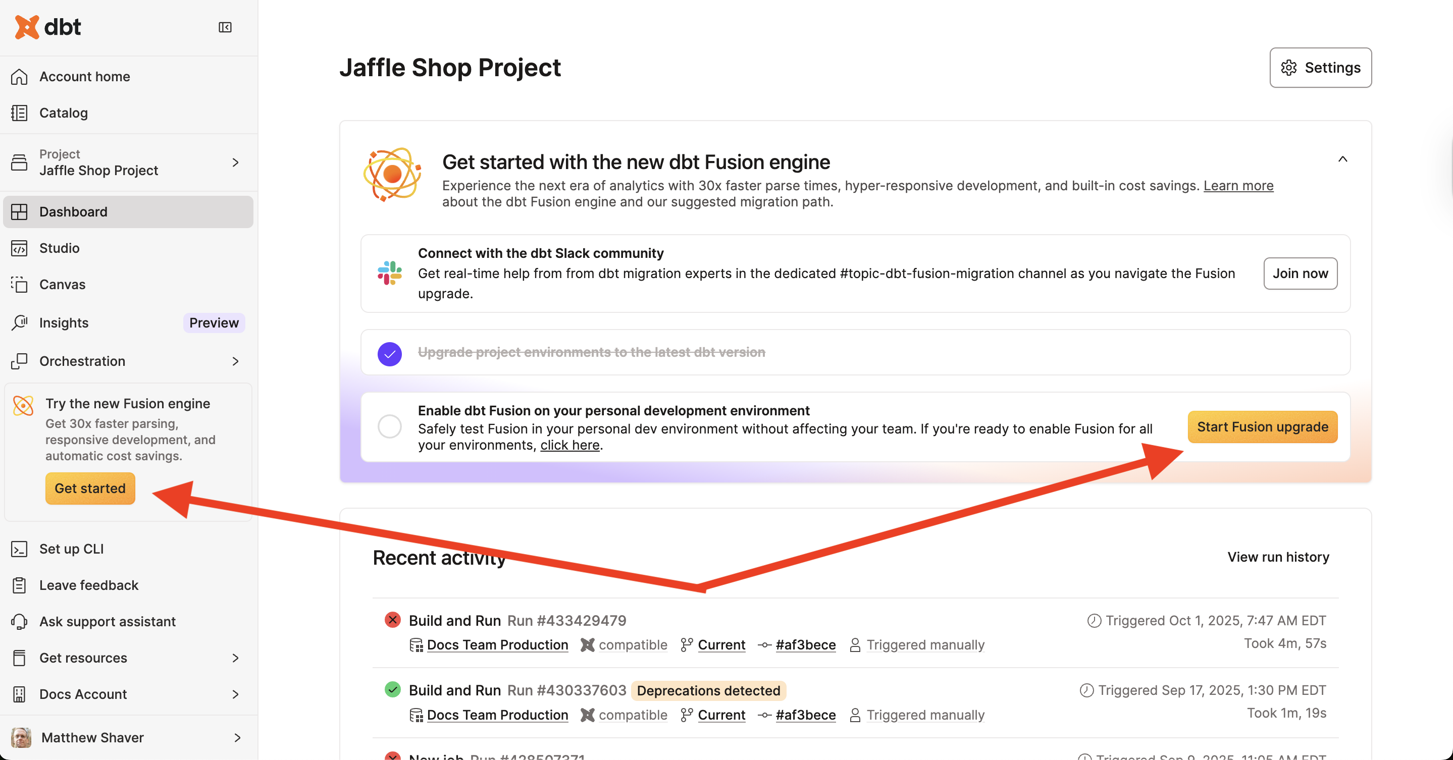 Start the Fusion upgrade from the project homepage