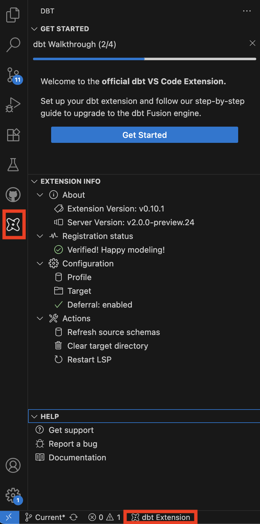 dbt VS Code extension welcome screen. dbt VS Code extension welcome screen.